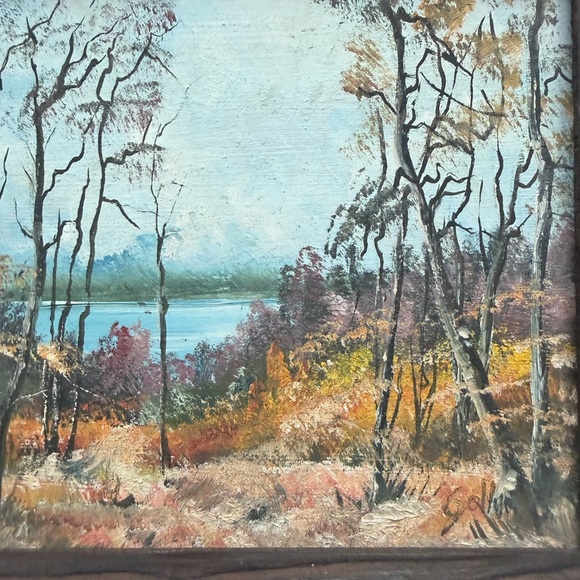 Vintage Original Painting Mini Art Framed 8”x6” Landscape Trees River Signed - Picture 4 of 7
